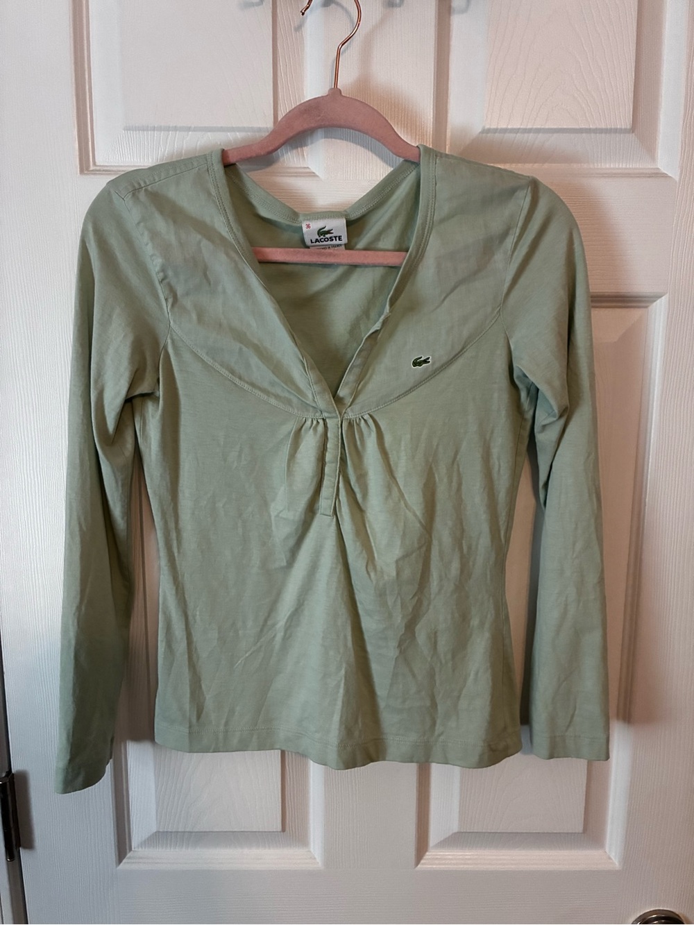 Y2K Women’s Lacoste Sage Green Long-Sleeve V-Neck Tee